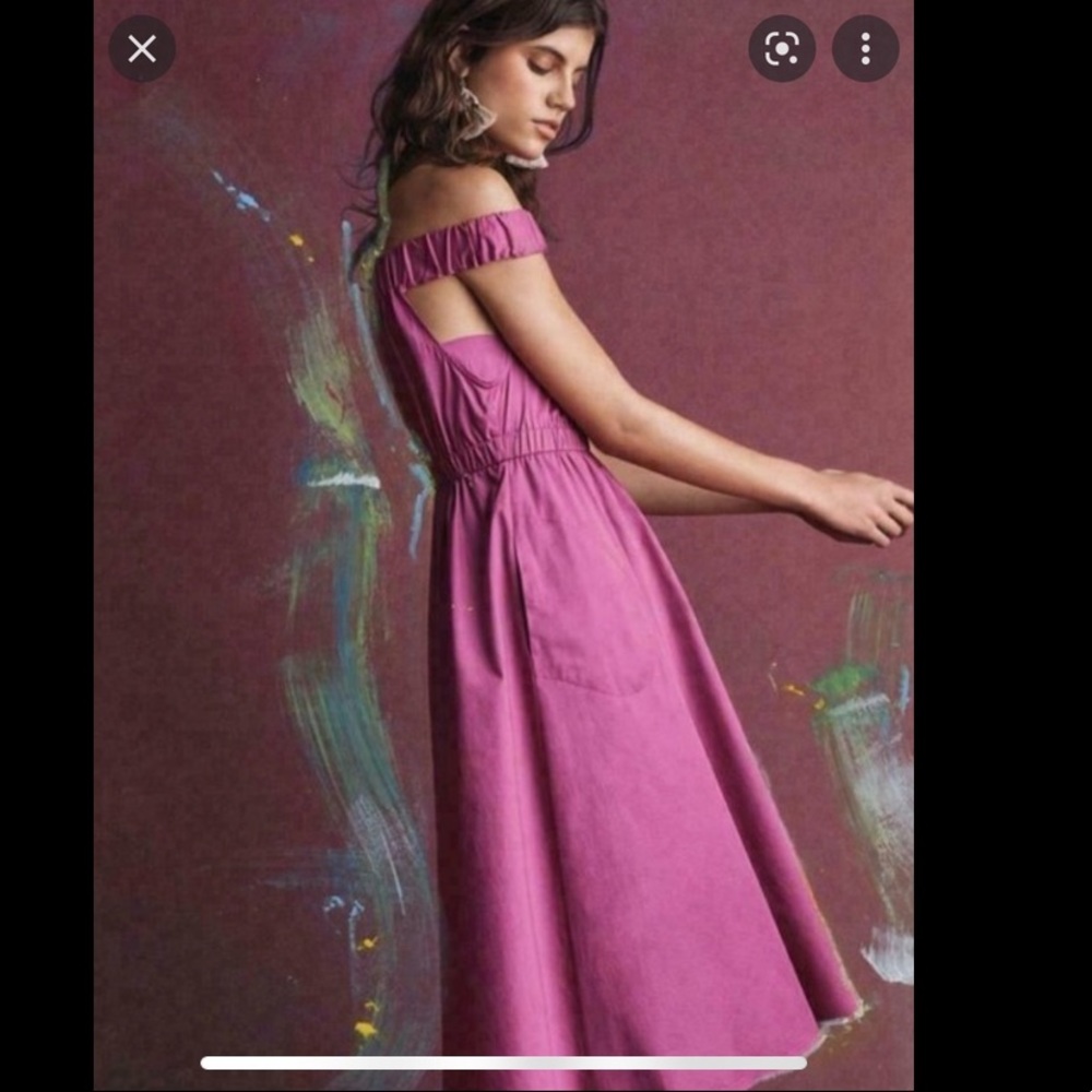 Maeve Anthropologie, pink off shoulder midi dress